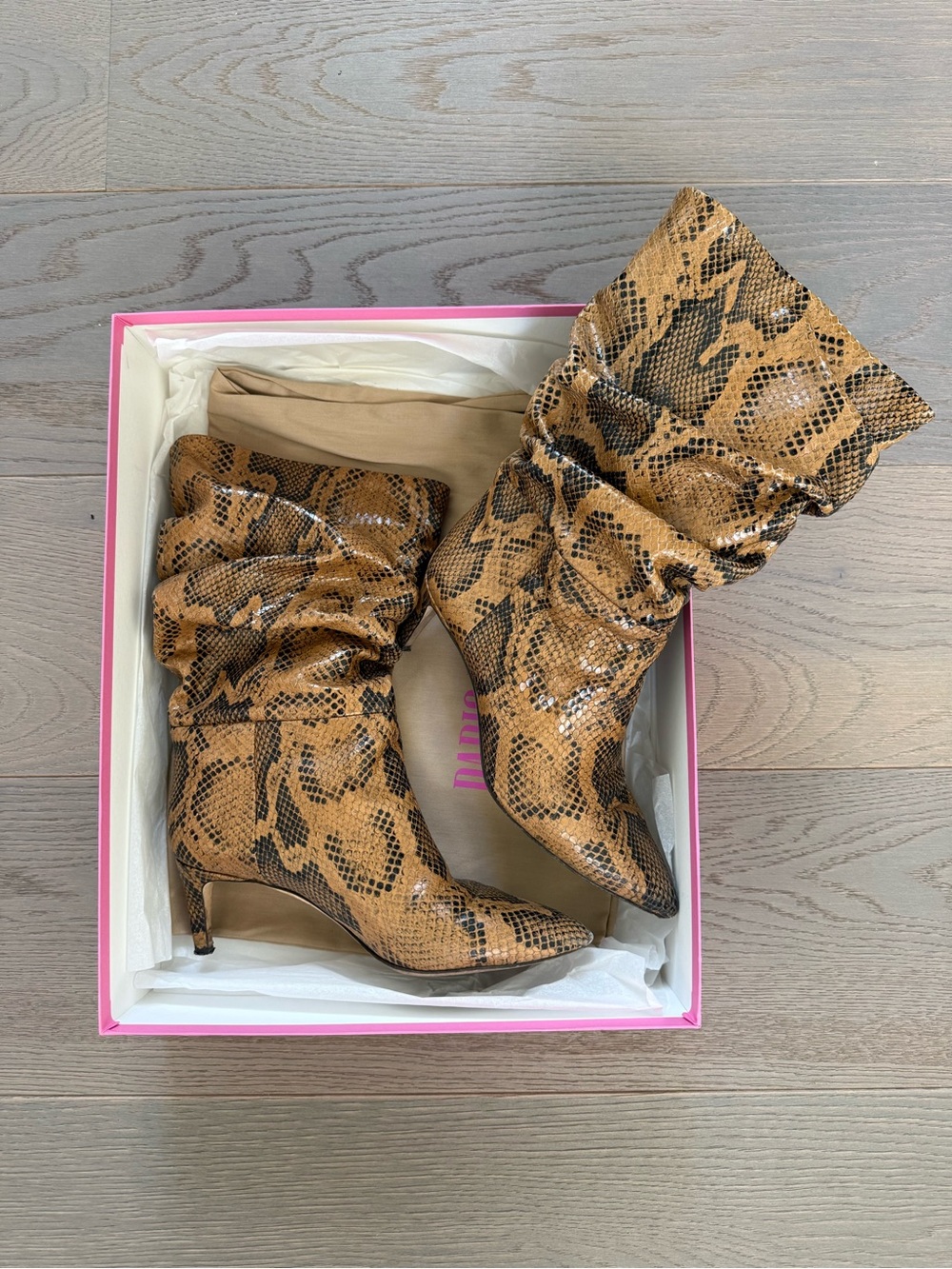 Paris Texas Tan and Black Snakeskin Slouch Ankle Boots
